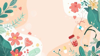 Colorful Healthcare and Nature Illustration with Flowers and Medical Elements