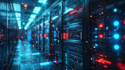 Cyber protection network selective focus, data defense, realistic, overlay, server room