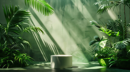 Obraz premium Creative Product Placement Platform Surrounded by Lush Greenery