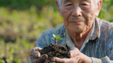 Elderly Hands with Seedling - A photo showcasing an elderly person's hands holding a seedling, with a farm background, symbolizing the continuation of life and environmental protection.