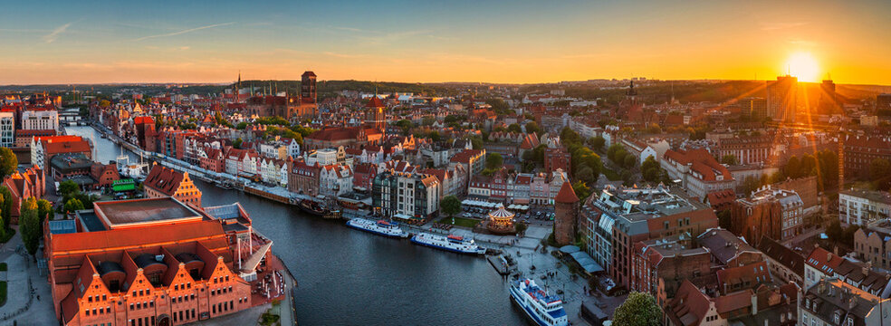 Aerial landscape of the Main Town of Gdansk by the Motlawa river, Poland.