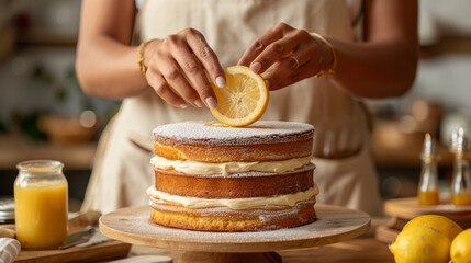 A Woman Decorating Lemon Cake