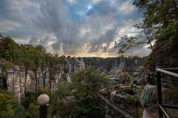 Landscape shot in the morning in a rocky landscape. On and around the Bastei Bridge in the Elbe...