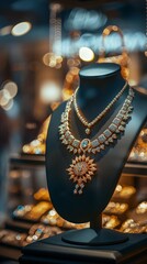 Vertical Image Of A Jewelry Pendant Necklace On A Mannequin In A Jewelry Store.