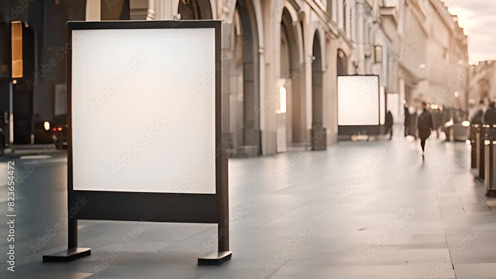 Poster empty billboards for display with pedestrians walking on empty urban street generative ai