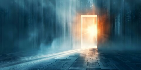 Sunlight through door symbolizes hope for future in artificial intelligence advancement. Concept Artificial Intelligence, Future Technology, Hopeful Innovation, Sunlight Symbolism