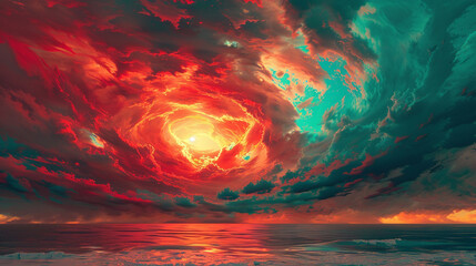 Fototapeta premium A dazzling display of fiery red and vivid turquoise oil paint clouds, swirling together like an abstract interpretation of a sunset over the ocean.