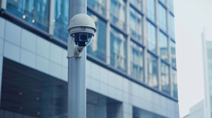 Obraz premium A security camera mounted on a modern building with a cityscape background