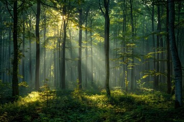 Fototapeta premium Serene forest landscape, sunlight filtering through trees close up, focus on, copy space, lush and vibrant greens, Double exposure silhouette with peaceful woodland