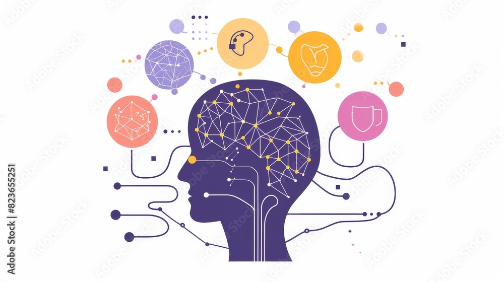 Poster abstract illustration of a human profile with a networked brain connected to various cognitive and e