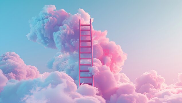 ladder leading up to cloud, pastel background, minimalistic.