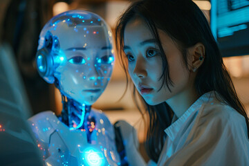 Naklejka premium Creative Geerative AI artwork picture of futuristic modern technology robot in modern life human helper