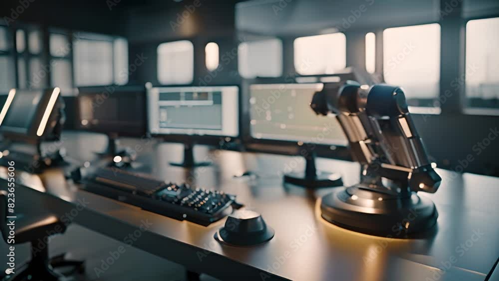 Poster desk setup with keyboard monitor and camera generative ai