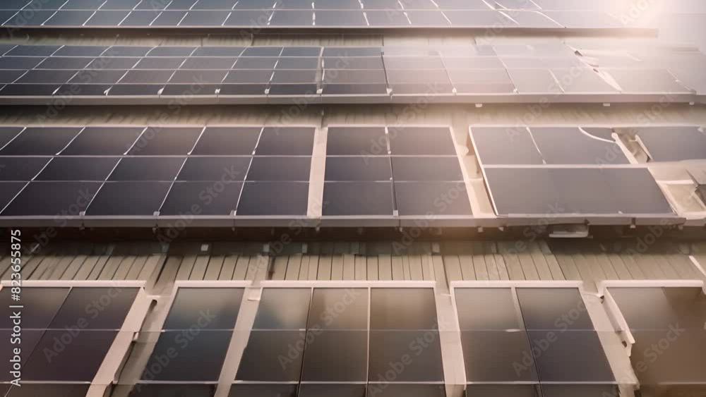 Poster modern building covered in rows of solar panels generative ai