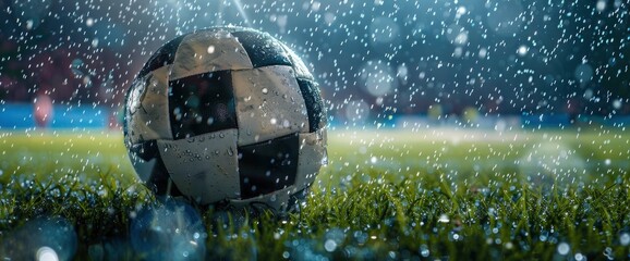 Football Game During A Heavy Rainstorm With Copy Space, Football Background