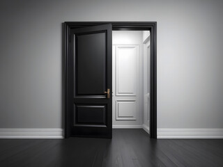 An architectural interior element for a modern minimalist concept with a closed door in a dark room on a black background design.