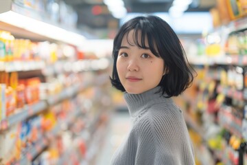 Portrait of a сute Asian woman shopping in a supermarket. Retail customer concept