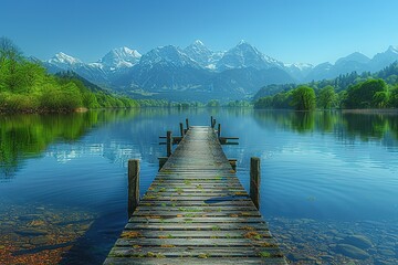 A wooden bridge spans a body of water with mountains in the background
