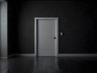 An architectural interior element for a modern minimalist concept with a closed door in a dark room on a black background design.