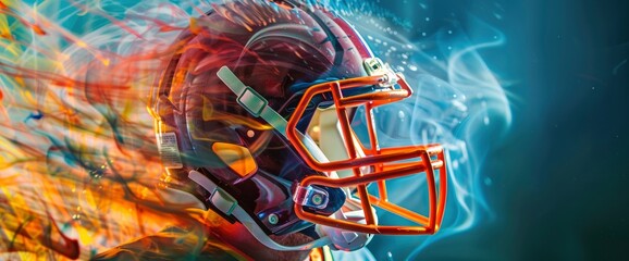 Fototapeta premium Football Helmet With Vibrant, Swirling Patterns In Action With Copy Space, Football Background