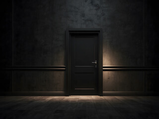 An architectural interior element for a modern minimalist concept with a closed door in a dark room on a black background design.