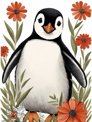 Naklejka premium Floral Cute Baby Penguin Painting Generative AI Illustration