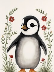 Naklejka premium Floral Cute Baby Penguin Painting Generative AI Illustration