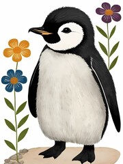 Floral Cute Baby Penguin Painting Generative AI Illustration