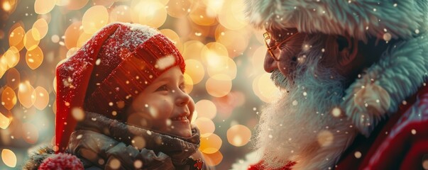 Santa Claus giving gifts to children, joyful expressions close up, focus on, copy space, bright and merry shades, Double exposure silhouette with holiday cheer