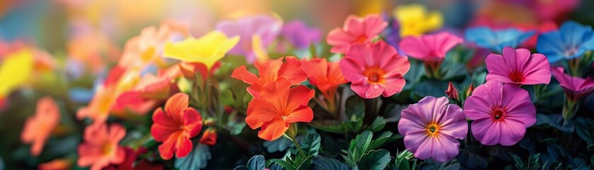 Closeup of a variety of colorful flowers in a garden