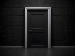 An architectural interior element for a modern minimalist concept with a closed door in a dark room on a black background design.