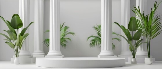 The image is of three white columns with green plants in front of them. The columns are on a white platform and there is a white background behind them.