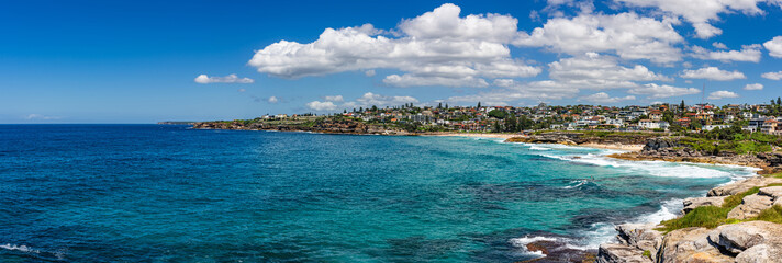 Sydney, Australia - Bondi to Bronte Coastal Walk. Famous hiking trail with sea views along the cliffs between famous Sydney beaches.