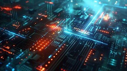 Obraz premium A computer chip with a city view of the city. The city is lit up with neon lights