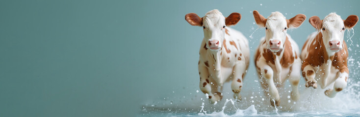 Cow with milk splashes, animal welfare in industry, dairy product, agriculture and production 