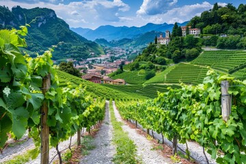 Naklejka premium Symmetrical vineyard patterns grace the vast rolling hillsides in an endless vista