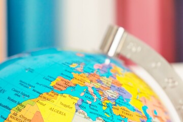 Earth globe, selective focus on Europe and North Africa. Concept of travel and geography.