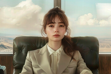 A professionally dressed woman sits with a contemplative expression against a backdrop with expansive views, suggesting business and travel