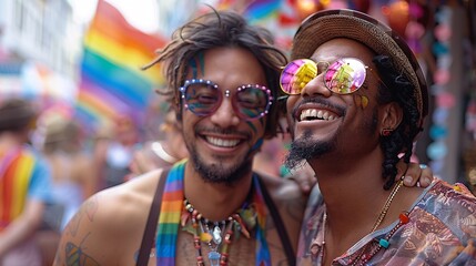 A heartwarming photo of a ladyboy and a gay man sharing a laugh at a Pride Month event, with rainbow flags and decorations creating a festive atmosphere