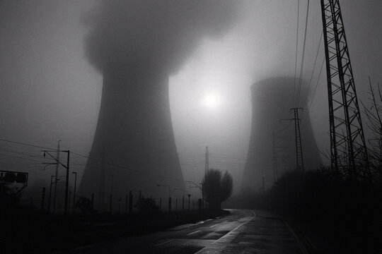 The sun faintly glimmers through the dense fog, silhouetting two towering power plant cooling towers