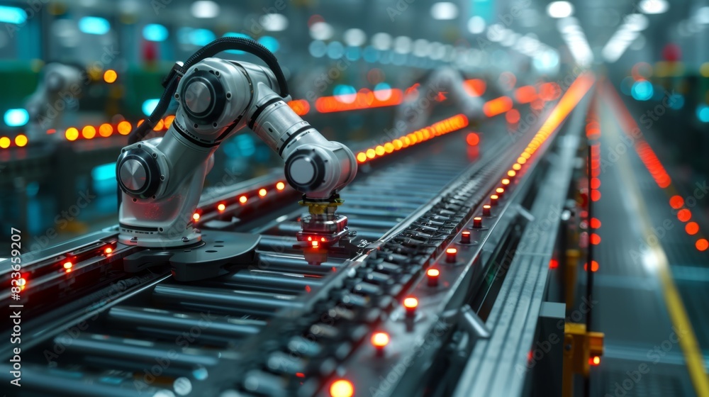 Poster factory automation, automated industrial production in a high-tech factory with robotic arms on a co