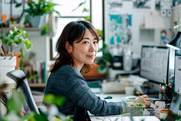 A young Asian woman with a gentle smile sits at a cluttered desk in a light-filled room, surrounded by creative elements