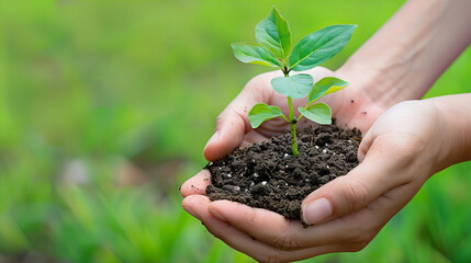 Hands Holding a Young Plant - Hands gently holding a young plant with soil, representing care, growth, and environmental consciousness.