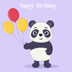 Cute cartoon panda character with balloons. Children birthday card, invitation concept