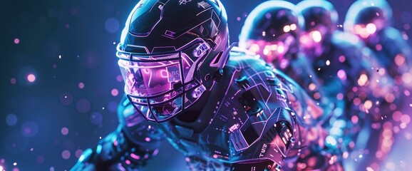 Futuristic Football Players With Holographic Gear With Copy Space, Football Background