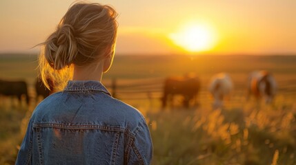 Fototapeta premium Woman in Denim Jacket Watching Cows in a Sunset Field