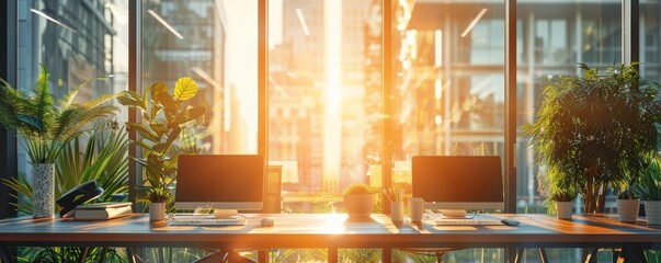 Openplan workspace, modern furniture and large windows close up, focus on, copy space, bright and airy tones, Double exposure silhouette with natural light