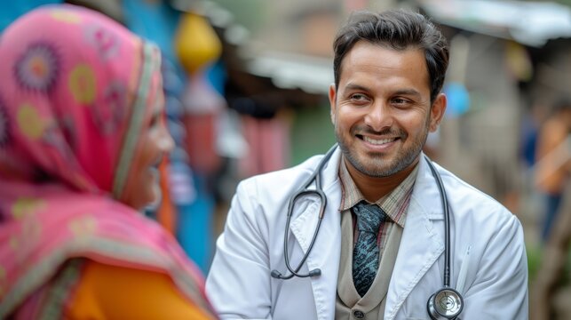 rural healthcare efforts, an indian doctor conducts a thorough examination of a patient, showing compassion and care in a rural setting, contributing to the communitys health