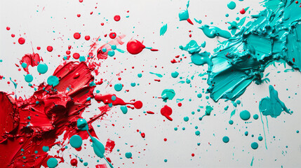Bright crimson and vivid turquoise oil paint splashes randomly distributed on a solid white canvas, creating an intense contrast.