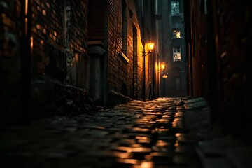 The dark cobbled streets of the old town at night, illuminated by the warm light of the gas lamps, with the detailed texture of the cobblestone streets and brick walls, create a cinematic atmosphere 